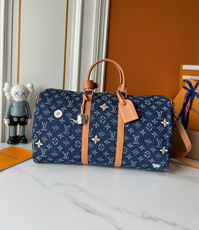 ルイヴィトン ボストンバッグ キーポル 50 モノグラム デニム フラワー 刺繍 2WAY M27781