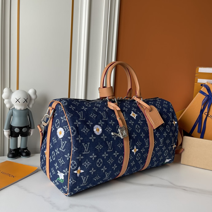 ルイヴィトン ボストンバッグ キーポル 50 モノグラム デニム フラワー 刺繍 2WAY M27781 - 画像 (2)