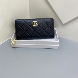 シャネル グレインド カーフスキン ラウンドファスナー長財布 ブラック A6228