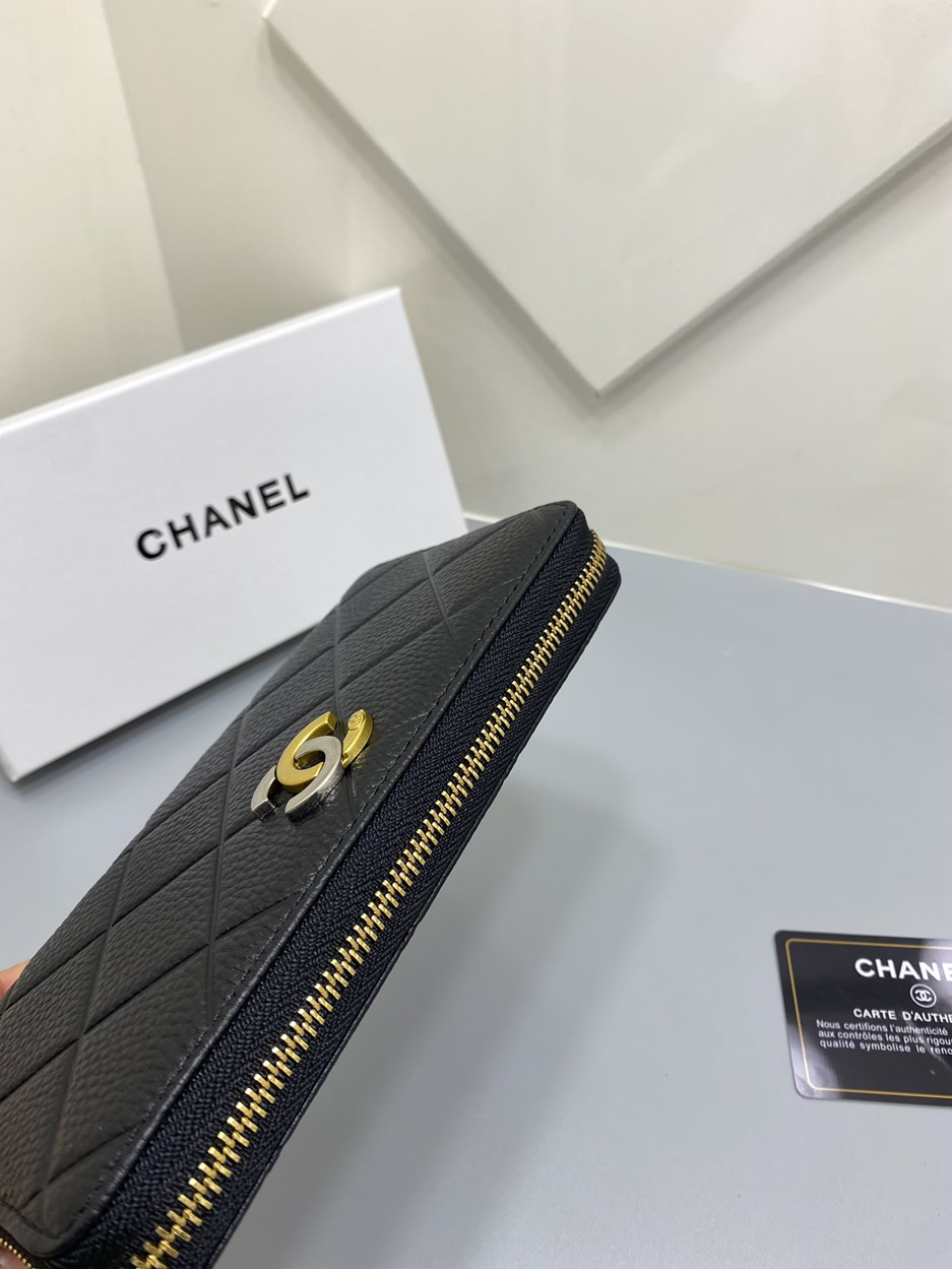 シャネル グレインド カーフスキン ラウンドファスナー長財布 ブラック A6228 - 画像 (6)