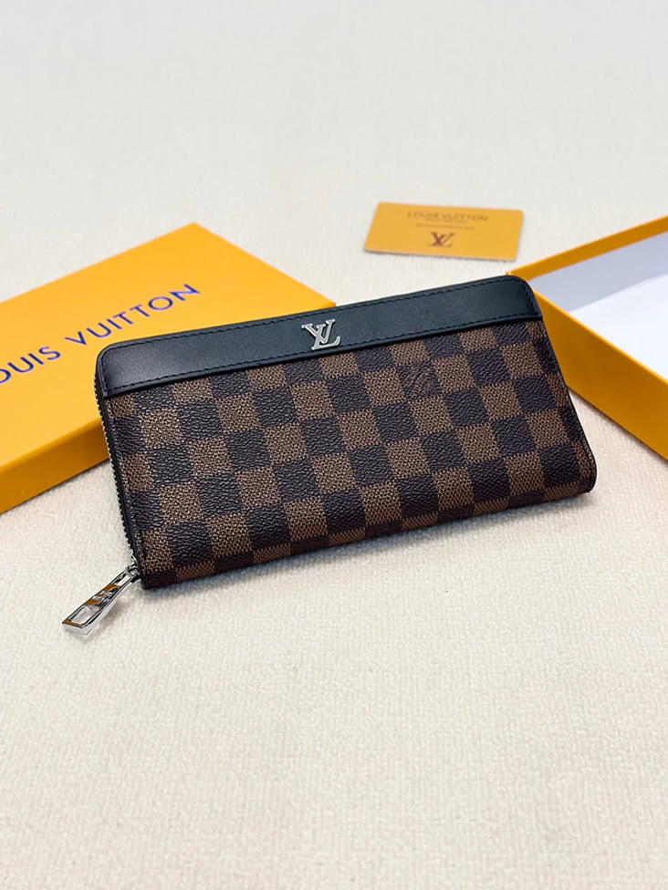 ルイ・ヴィトン ダミエ×レザー ジッピーウォレット シルバーロゴ lvc004