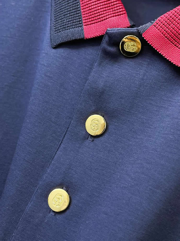 グッチ カラーブロック襟 ビー刺繍 コットン ポロシャツ ネイビー FS251 - 画像 (7)