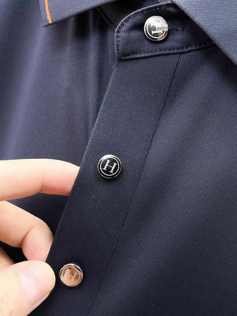 エルメス H刺繍リブ襟 コットン ポロシャツ ネイビー FS262 - 画像 (5)