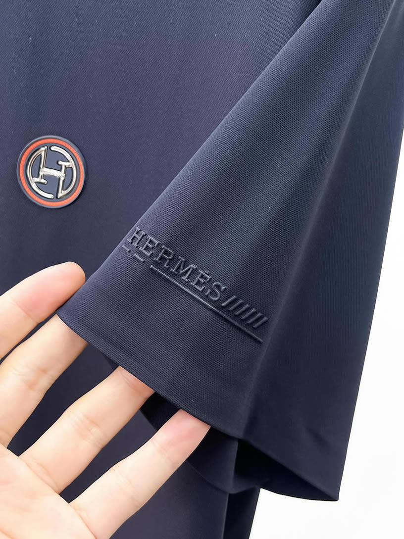 エルメス H刺繍リブ襟 コットン ポロシャツ ネイビー FS262 - 画像 (7)