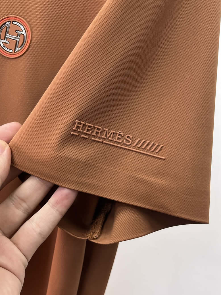 エルメス H刺繍リブ襟 コットン ポロシャツ ブラウン FS263 - 画像 (7)