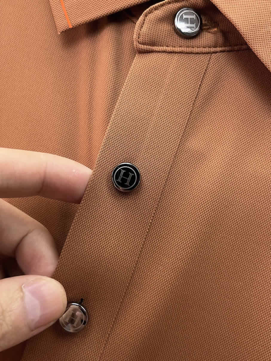 エルメス H刺繍リブ襟 コットン ポロシャツ ブラウン FS263 - 画像 (9)