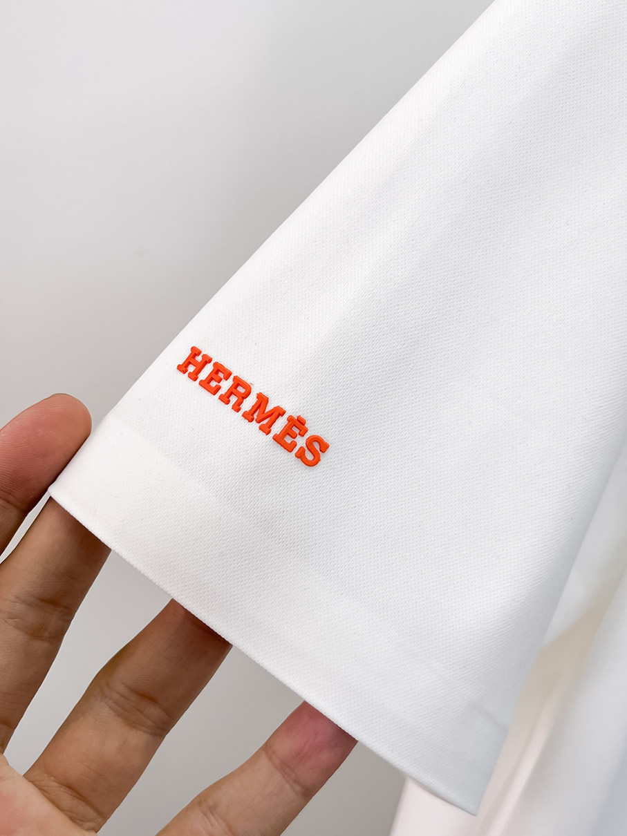 エルメス H刺繍リブ襟 コットン ポロシャツ ホワイト FS264 - 画像 (8)