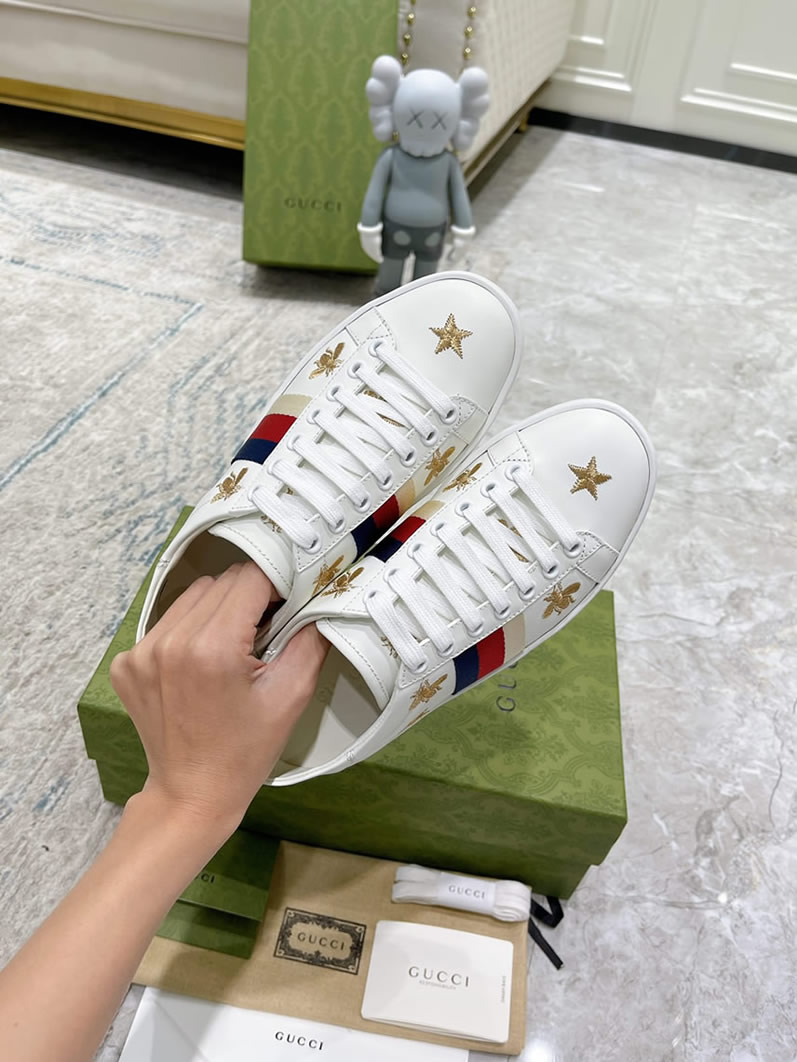 グッチ ゴールドビー スター ウェブストライプ レザー スニーカー ホワイト shoes309 - 画像 (6)