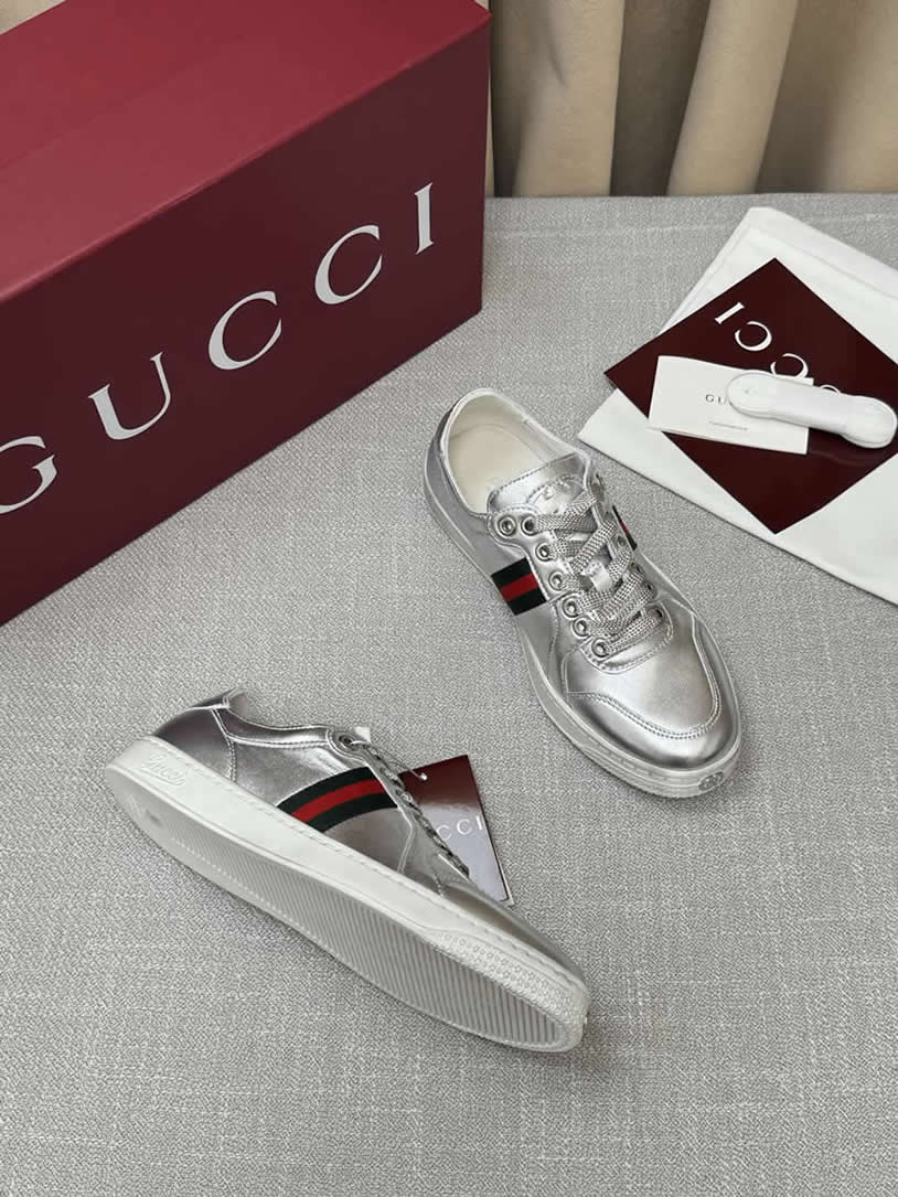 グッチ メタリックレザー ウェブストライプ スニーカー シルバー shoes567 - 画像 (4)