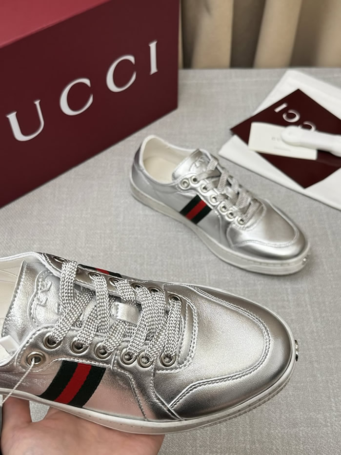 グッチ メタリックレザー ウェブストライプ スニーカー シルバー shoes567 - 画像 (5)