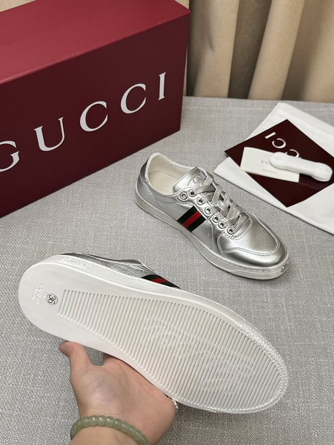グッチ メタリックレザー ウェブストライプ スニーカー シルバー shoes567 - 画像 (7)