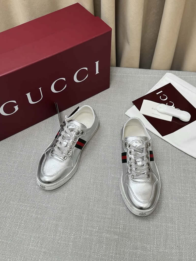 グッチ メタリックレザー ウェブストライプ スニーカー シルバー shoes567 - 画像 (8)