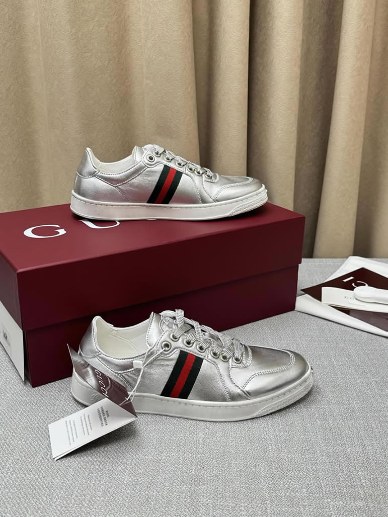 グッチ メタリックレザー ウェブストライプ スニーカー シルバー shoes567 - 画像 (9)