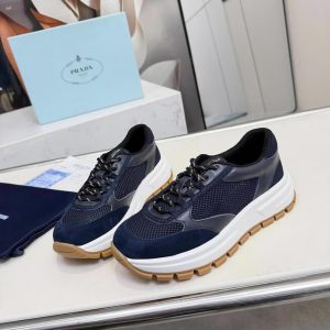 プラダ メッシュ＆スエード 厚底スニーカー ネイビー shoes573