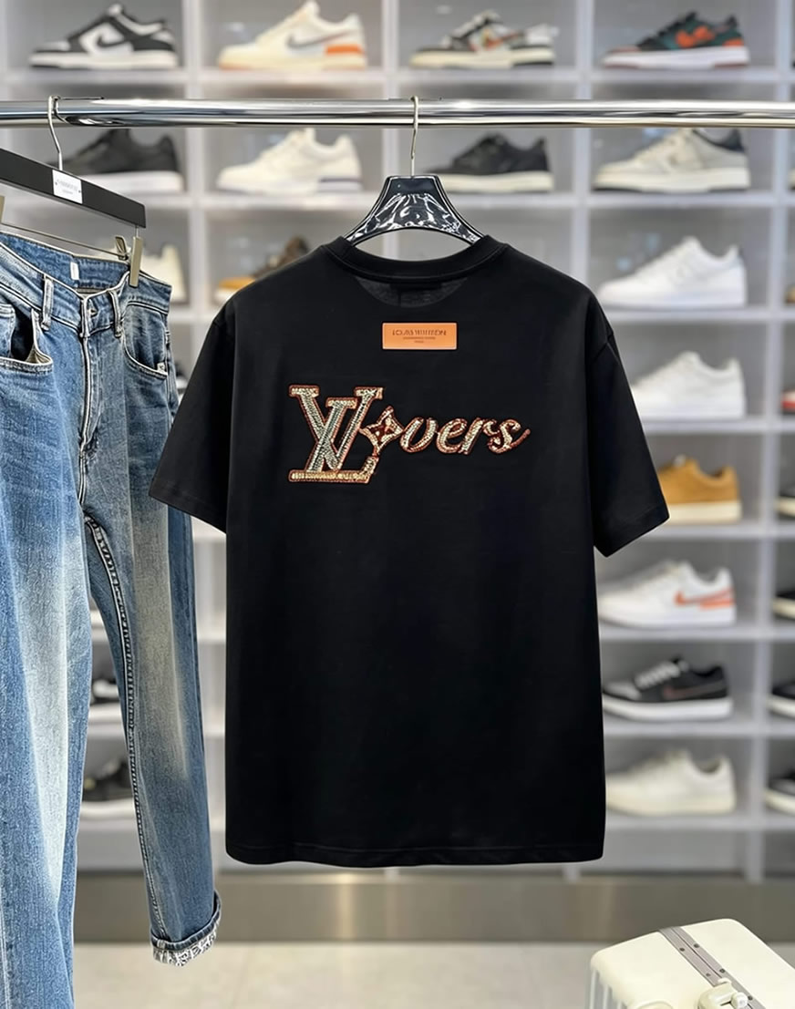 ルイ・ヴィトン LVイニシャル ラインストーン 半袖 Tシャツ ブラック FS589 - 画像 (2)