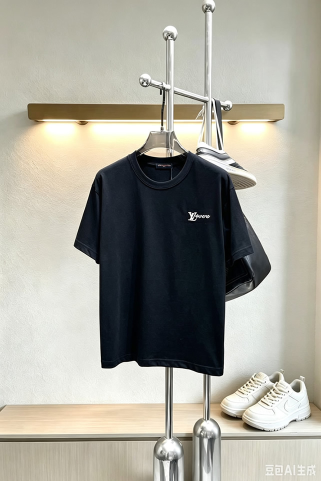 ルイ・ヴィトン LV Lovers 刺繍 半袖 Tシャツ ブラック FS592