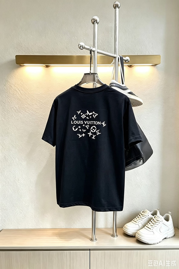 ルイ・ヴィトン LV Lovers 刺繍 半袖 Tシャツ ブラック FS592 - 画像 (2)
