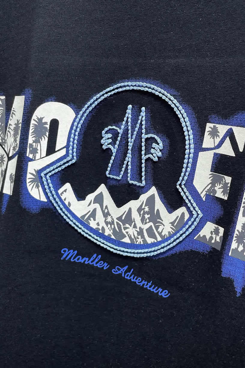 モンクレール マウンテン&パームツリー ロゴ刺繍 半袖 Tシャツ ブラック FS599 - 画像 (7)