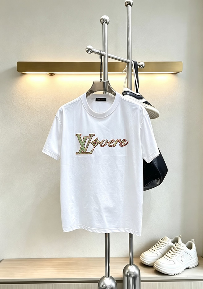 ルイ・ヴィトン LV Lovers ダミエ パターン 刺繍 半袖 Tシャツ ホワイト FS602