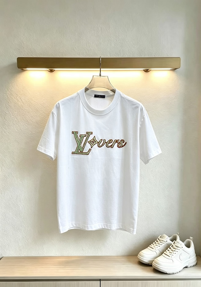 ルイ・ヴィトン LV Lovers ダミエ パターン 刺繍 半袖 Tシャツ ホワイト FS602 - 画像 (3)
