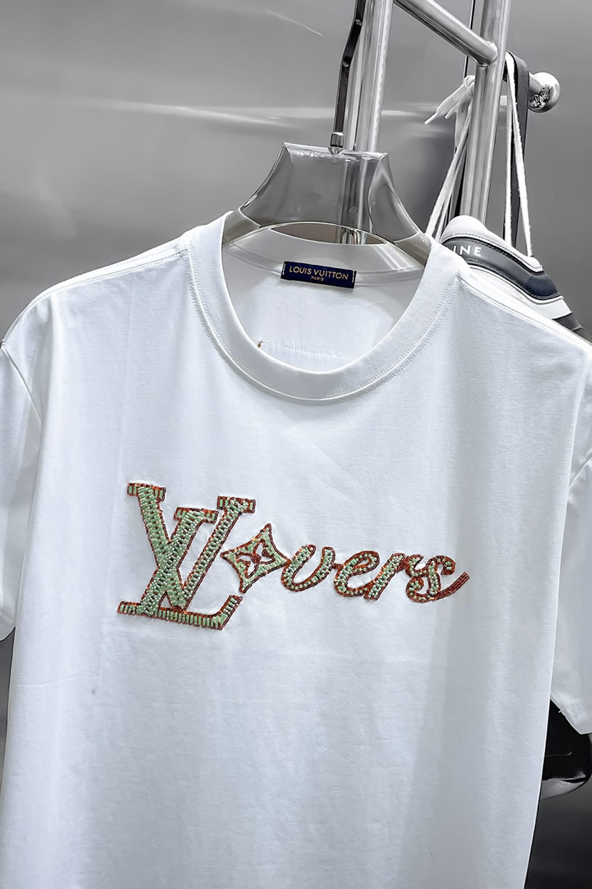 ルイ・ヴィトン LV Lovers ダミエ パターン 刺繍 半袖 Tシャツ ホワイト FS602 - 画像 (4)