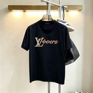 ルイ・ヴィトン LV Lovers ダミエ パターン 刺繍 半袖 Tシャツ ブラック FS603