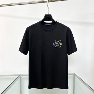 ルイ・ヴィトン LVイニシャル ラインストーン モノグラムフラワー 刺繍 半袖 Tシャツ ブラック FS608
