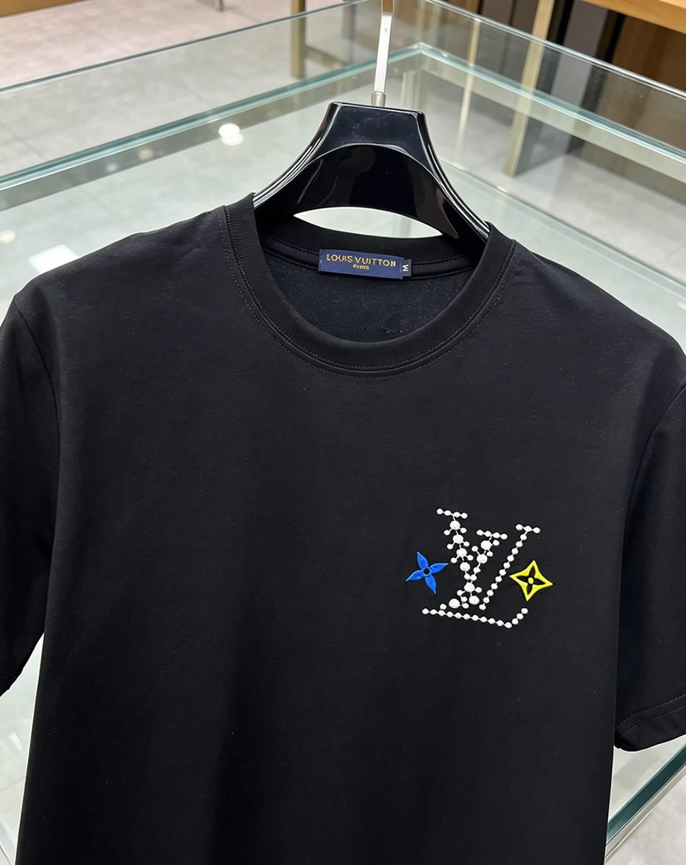 ルイ・ヴィトン LVイニシャル ラインストーン モノグラムフラワー 刺繍 半袖 Tシャツ ブラック FS608 - 画像 (3)
