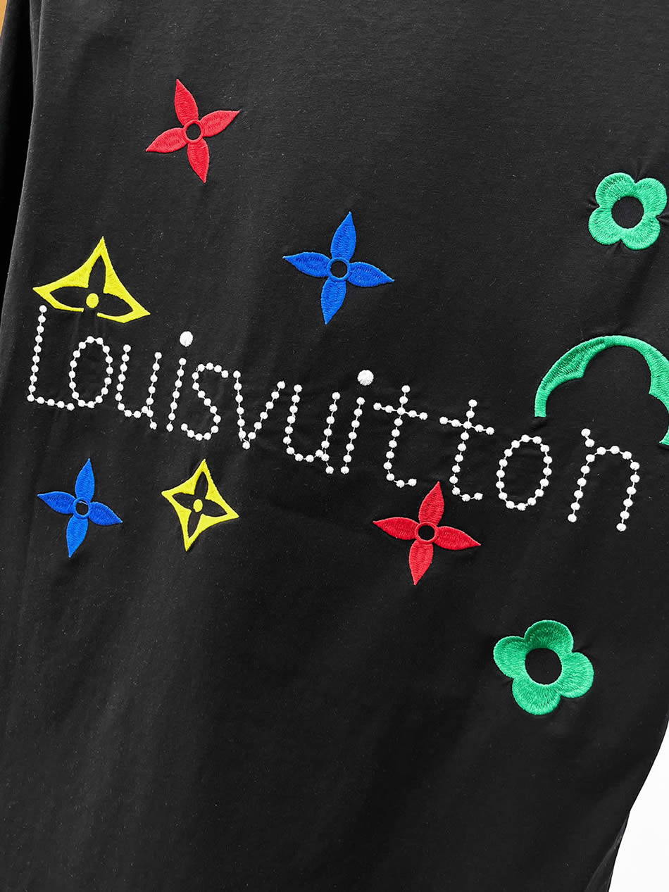ルイ・ヴィトン LVイニシャル ラインストーン モノグラムフラワー 刺繍 半袖 Tシャツ ブラック FS608 - 画像 (8)