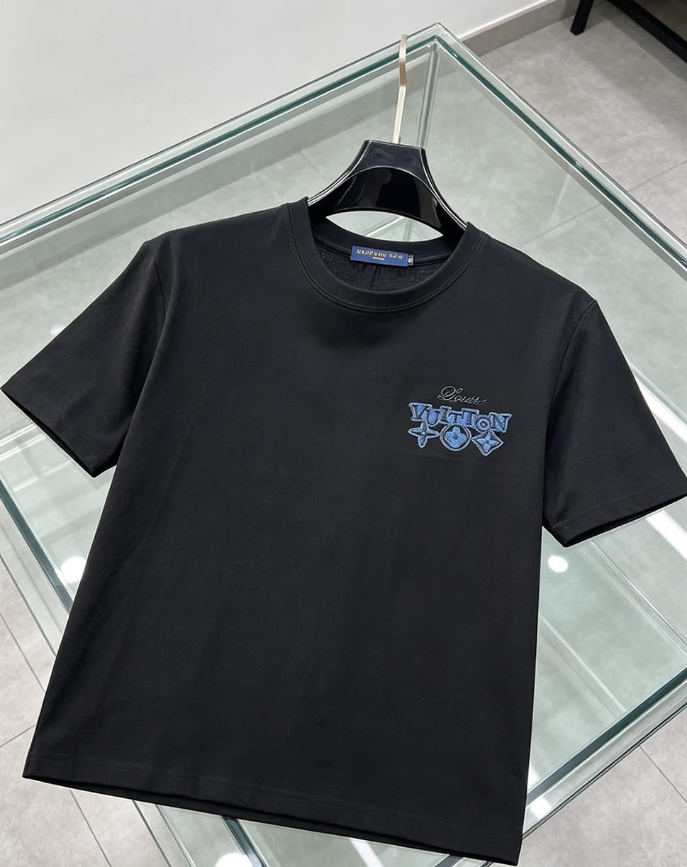 ルイ・ヴィトン カレッジロゴ モノグラムフラワー 刺繍 半袖 Tシャツ ブラック FS619 - 画像 (3)