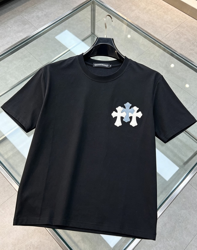 クロムハーツ トリプル クロスパッチ 刺繍 半袖 Tシャツ ブラック FS620 - 画像 (3)