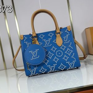 ルイ・ヴィトン オンザゴー MM 2WAY トートバッグ パール刺繍 ポーチ付き ブルー M47373