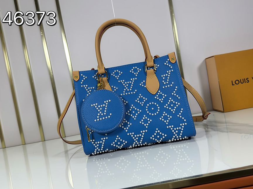 ルイ・ヴィトン オンザゴー MM 2WAY トートバッグ パール刺繍 ポーチ付き ブルー M47373