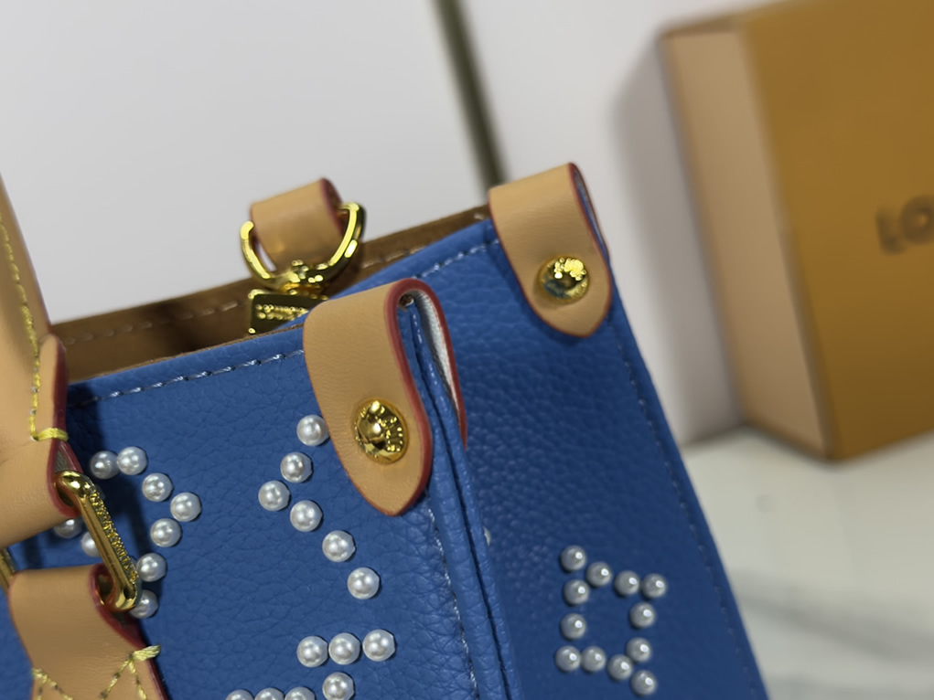 ルイ・ヴィトン オンザゴー MM 2WAY トートバッグ パール刺繍 ポーチ付き ブルー M47373 - 画像 (7)