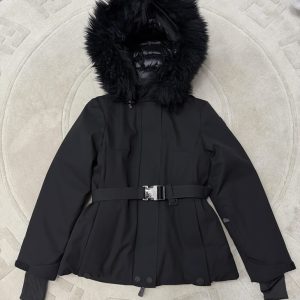 モンクレール レディース ファー付き ベルトダウンジャケット ブラック moncler022