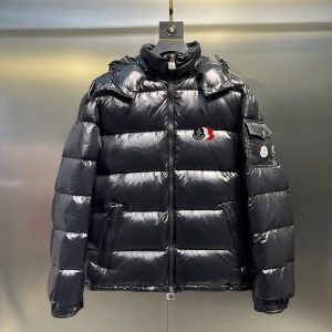 モンクレール トリコロールアクセント シャイニーナイロン フーデッド ダウンジャケット ブラック moncler031