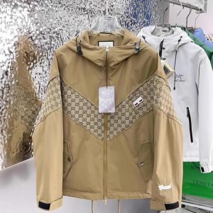 グッチ GGパターン切替 フーデッド ジップアップジャケット キャメル＆ブラウン FS700